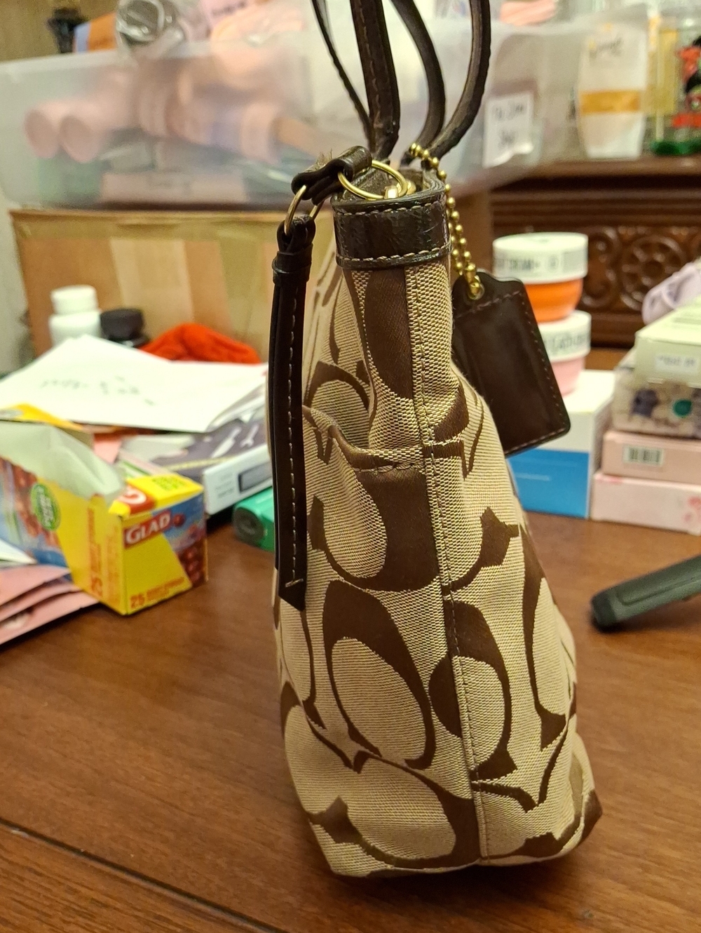 2013 Jan Coach signature-pattern canvas tote dark brown Accents Prelove Like New - Picture 5 of 16